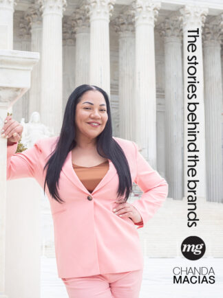 Chanda Macias, CEO of Women Grow, standing in front of the U.S. Supreme Court in a pink suit, representing cannabis advocacy and leadership.